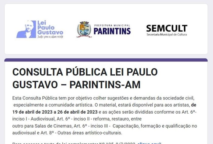 Prefeitura de Parintins abre consulta pública para aplicação da Lei Paulo Gustavo no município