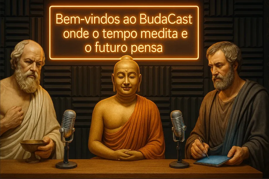No mundo criado por GINAI, “Buda entrevista Sócrates e Aristóteles sobre o futuro da Inteligência Artificial”